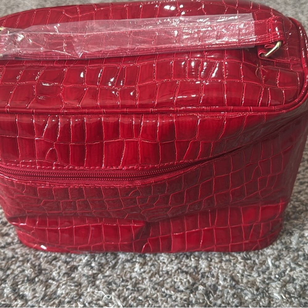 Red Crocodile-Embossed Cosmetic Bag